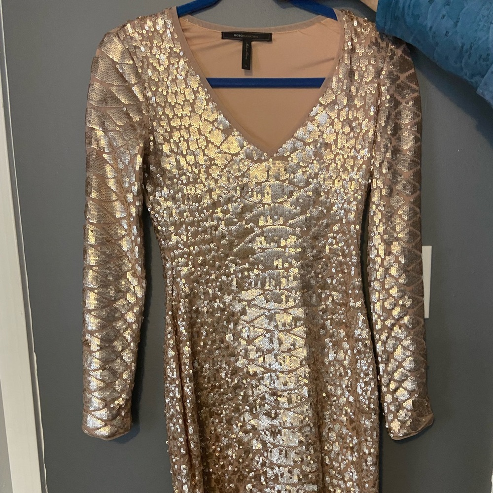BCBG Maxazria Size Small Gold Sequined Dress. Worn Twice and Dry Cleaned.